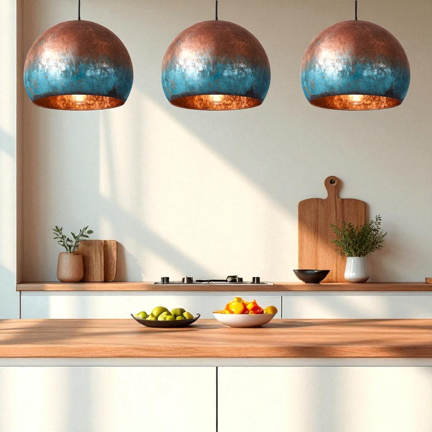 Blue Patina Copper Pendant Light: Handmade Hammered Dome Lamp