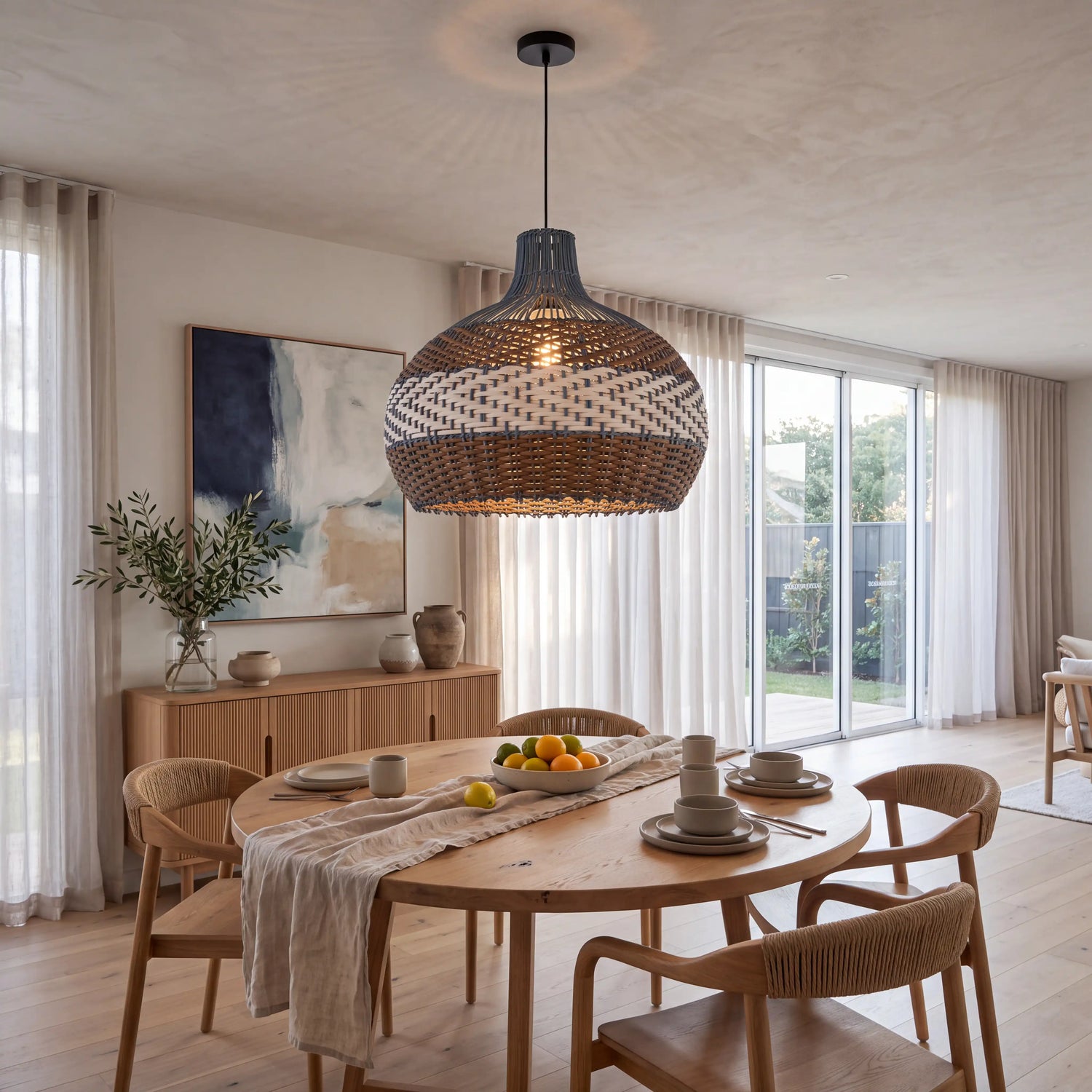 Courtland Blue Rattan Pendant Light