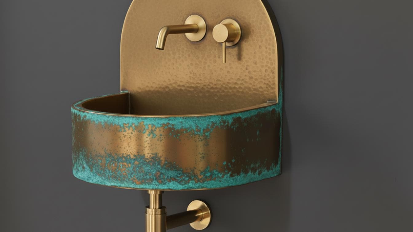 Blue Verdigris Patina Brass Wall Sink - Hand-Hammered Basin