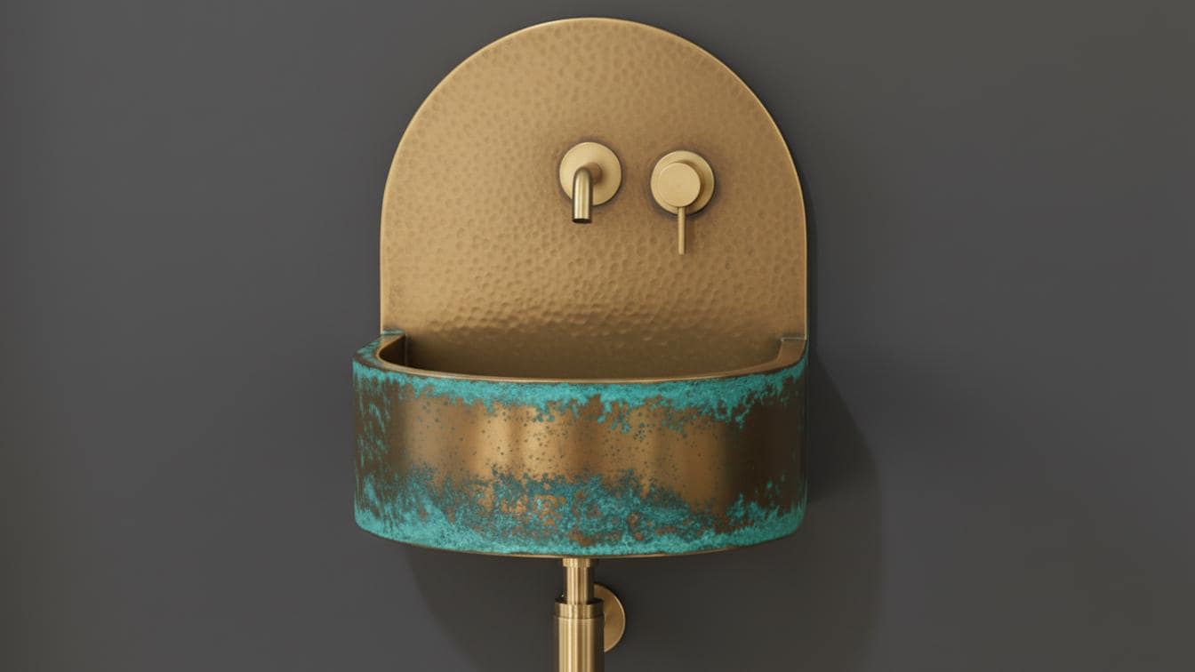 Blue Verdigris Patina Brass Wall Sink - Hand-Hammered Basin