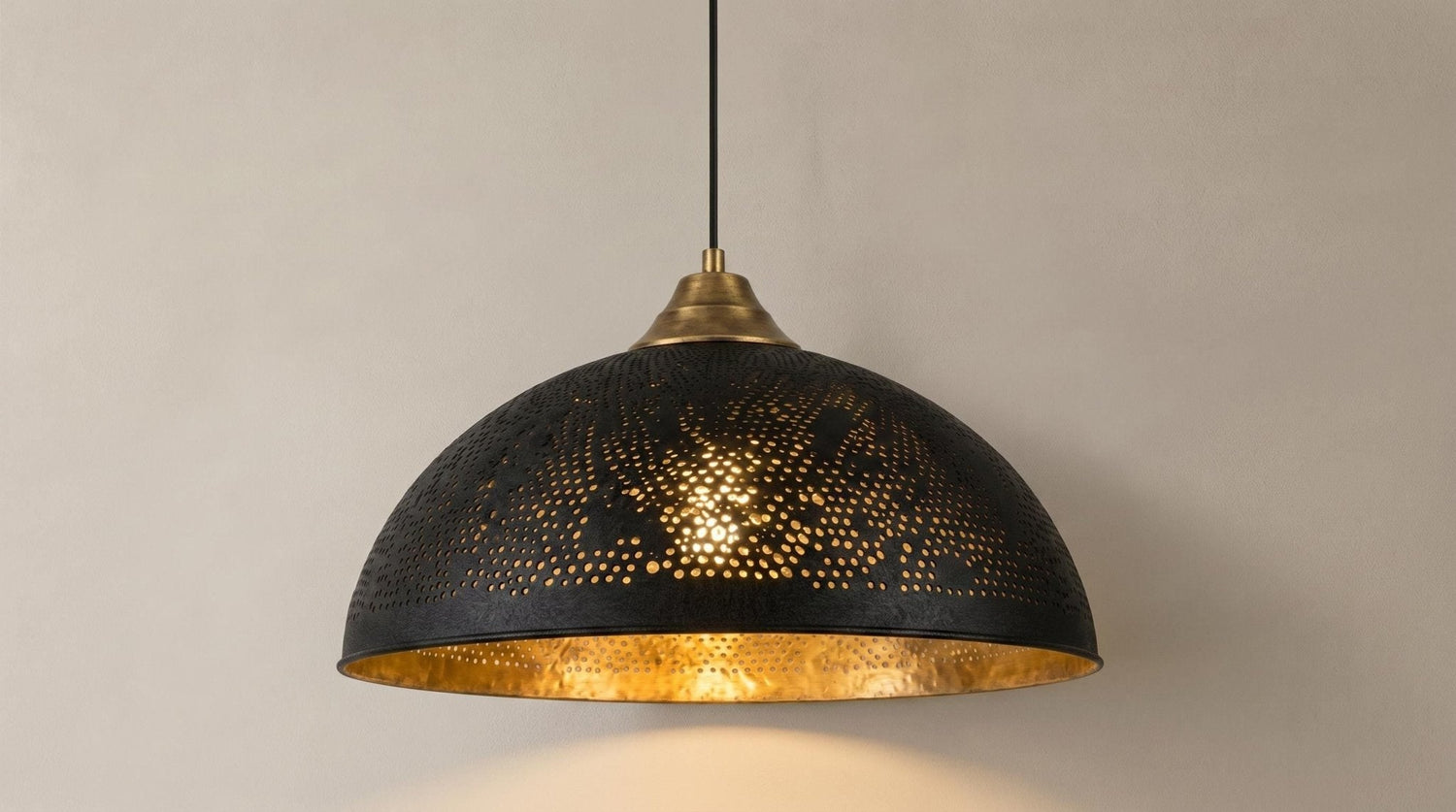 Brass Dome Ceiling Lamp, Handmade Perforated Kitchen Island Fixture, Two Tone Black Gold Pendant Light, Moody Modern Boho Hanging Light
