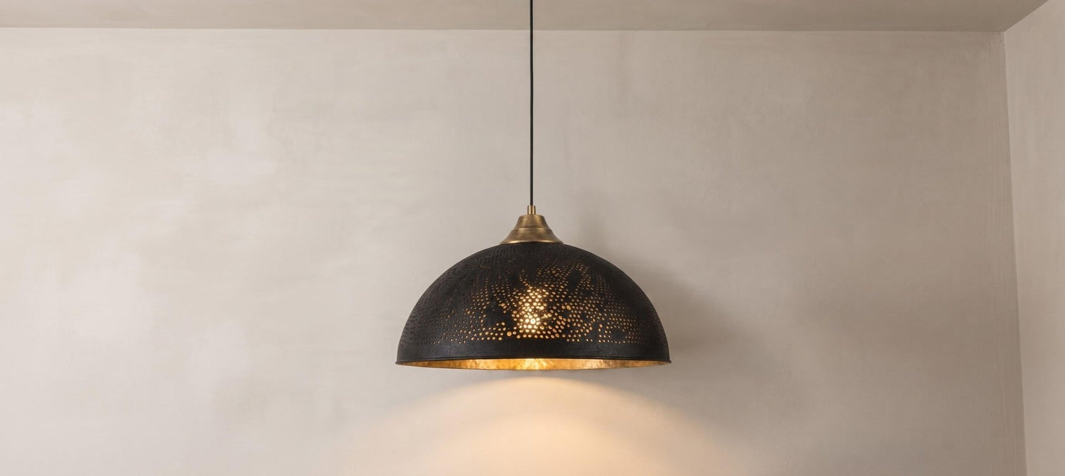 Brass Dome Ceiling Lamp, Handmade Perforated Kitchen Island Fixture, Two Tone Black Gold Pendant Light, Moody Modern Boho Hanging Light
