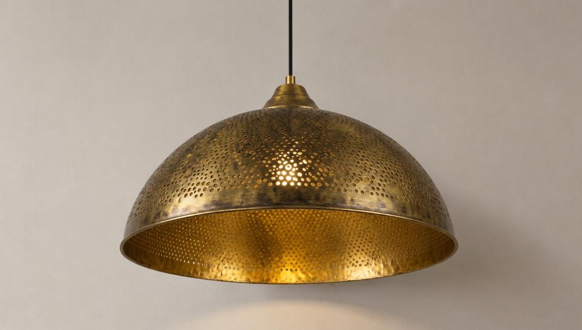 Brass Pendant Light, Antique Dome Lamp, Handmade Perforated Ceiling Fixture, Kitchen Island & Bedroom Lighting, Boho Home Deco