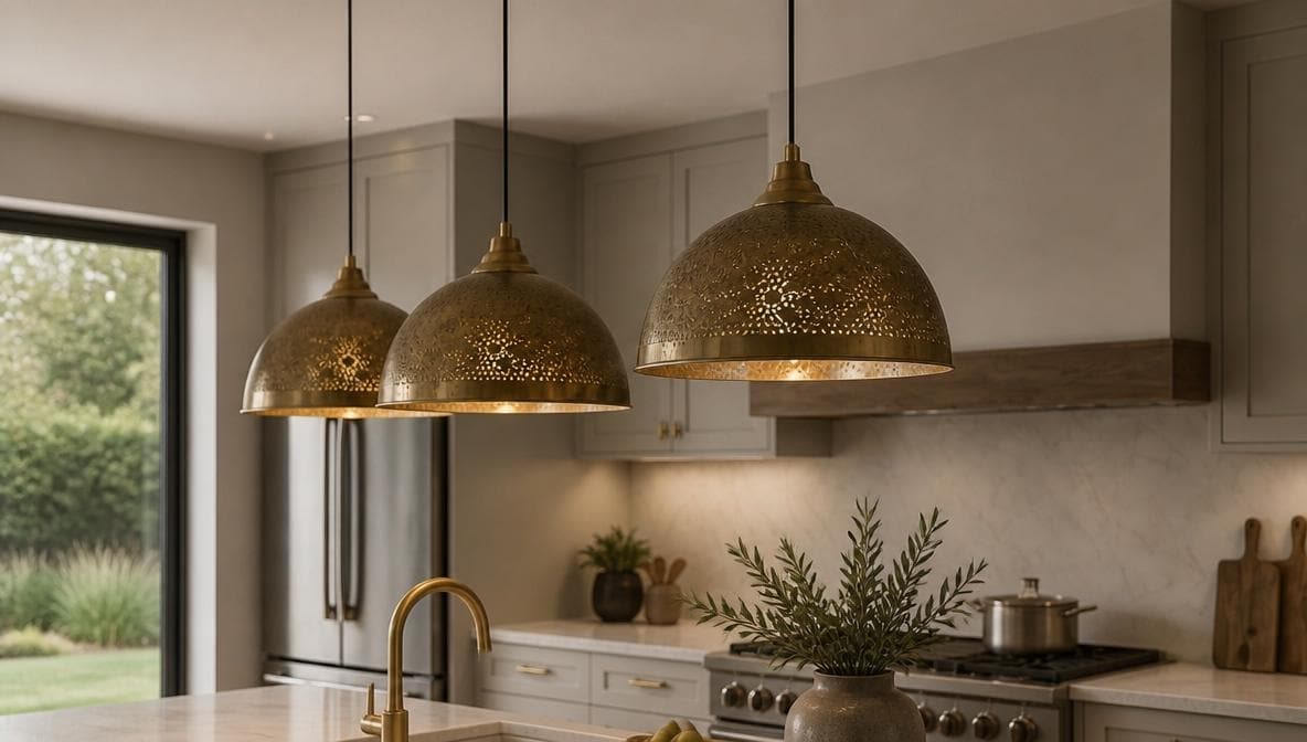 Brass Pendant Light, Antique Dome Lamp, Handmade Perforated Ceiling Fixture, Kitchen Island & Bedroom Lighting, Boho Home Deco