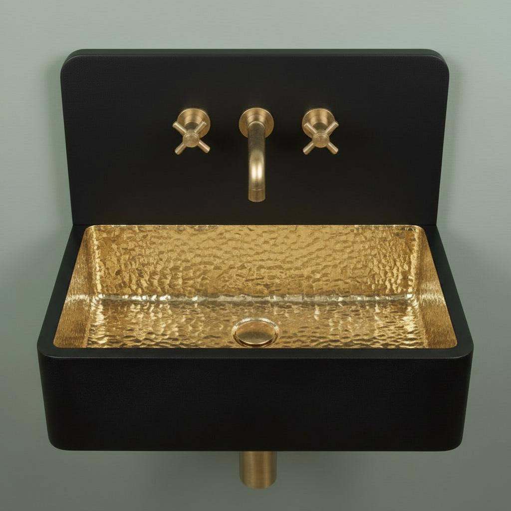 Brass Sink, Black Wall Mounted Basin, Floating Rectangular Washbasin, Hammered Brass Vanity Bowl, Industrial Sink