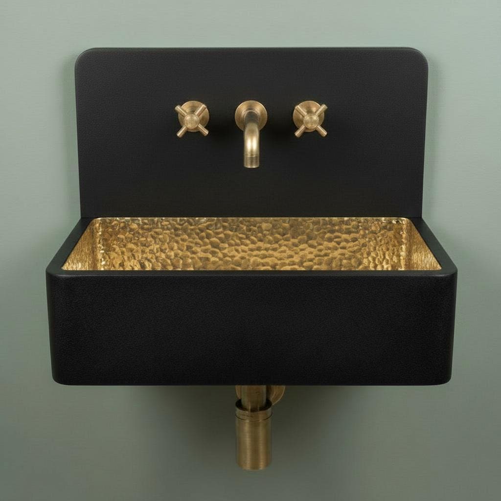 Brass Sink, Black Wall Mounted Basin, Floating Rectangular Washbasin, Hammered Brass Vanity Bowl, Industrial Sink