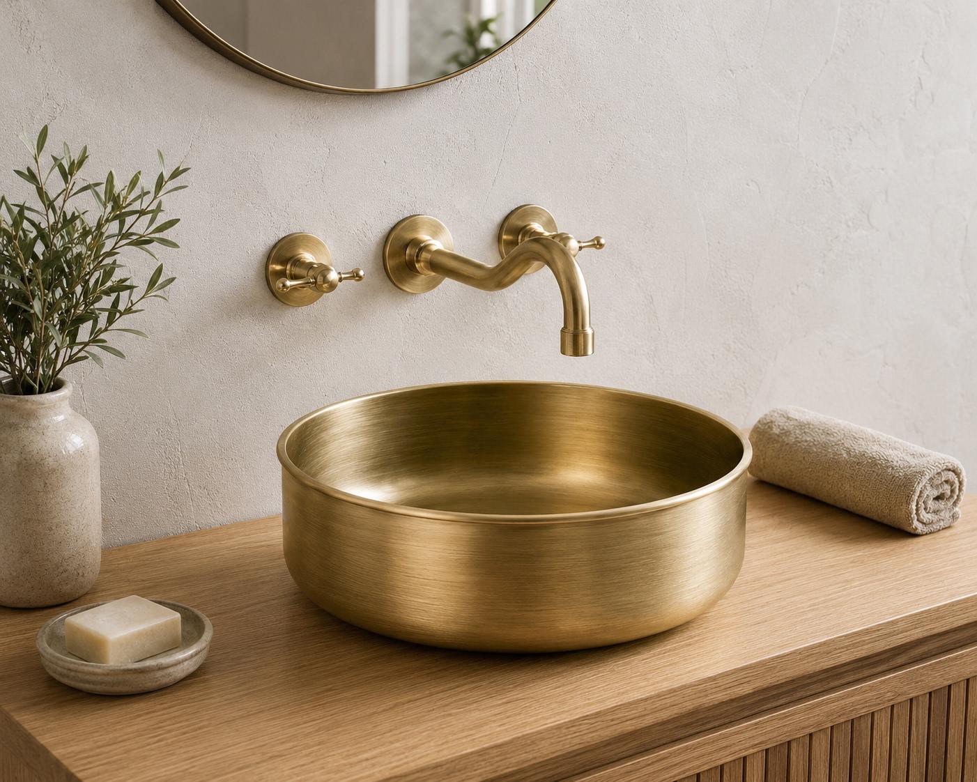 Brass Vessel Sink, Round Brass Bathroom Sink, Modern Countertop Vanity Basin, Handmade Solid Brass Wash Basin,Moroccan Style Wash Basin