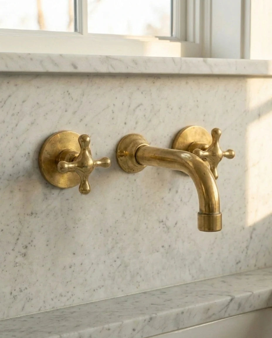 Three Hole Wall Mounted Brass Faucet with Cross Handles
