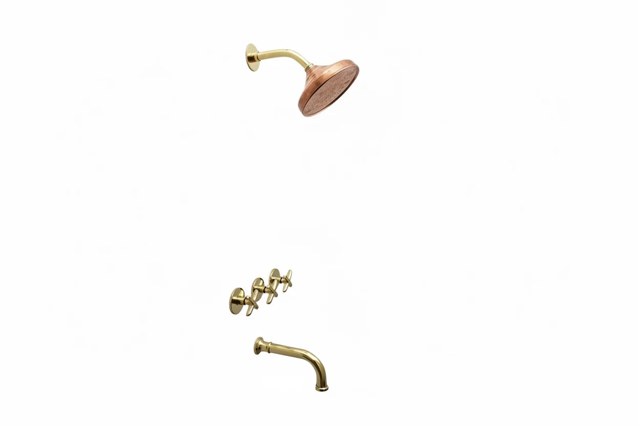 Brasska Unlacquered Brass Shower System – Wall Mounted with Tub Spout & Cross Handle
