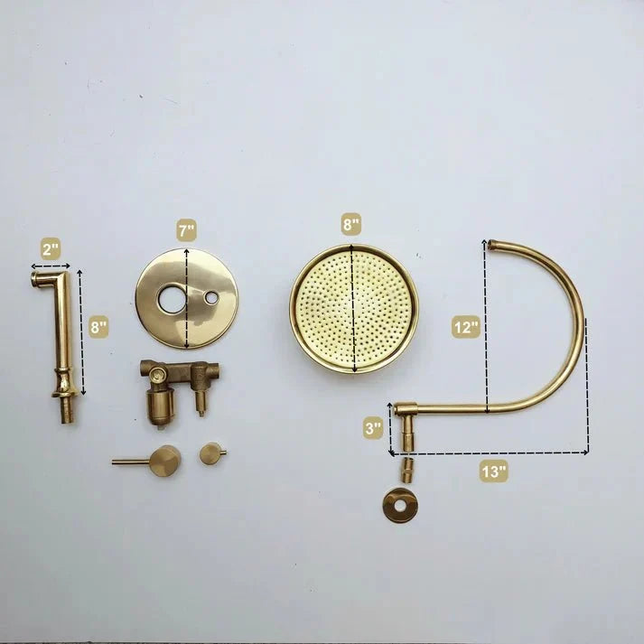 Brasska Unlacquered Brass Shower System with Tub Filler, Round Rain Shower Head, and Arcuate Arm