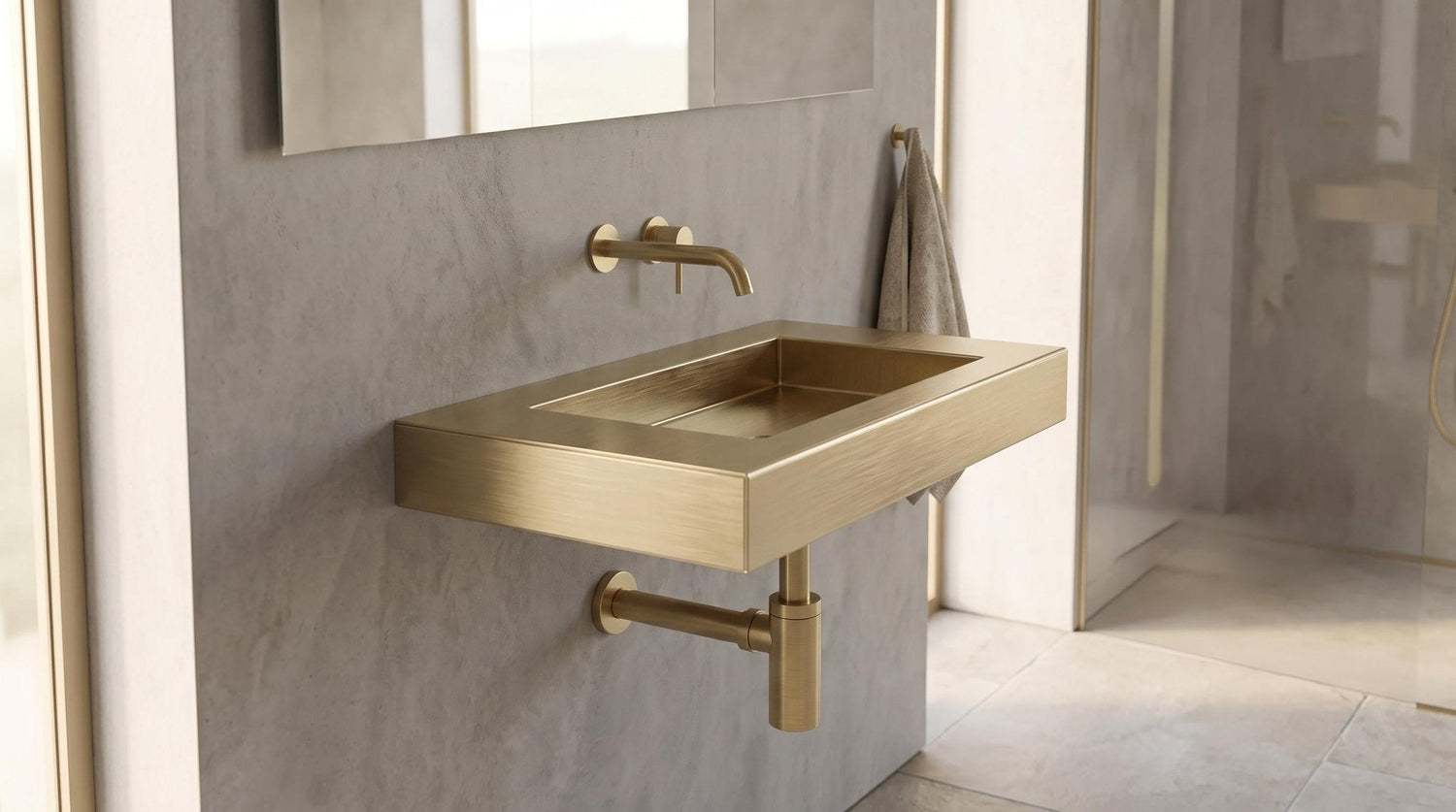 Brushed Brass Wall Mounted Sink, Handmade Rectangular Bathroom Basin, Luxury Powder Room Sink With Faucet and Bottle Trap