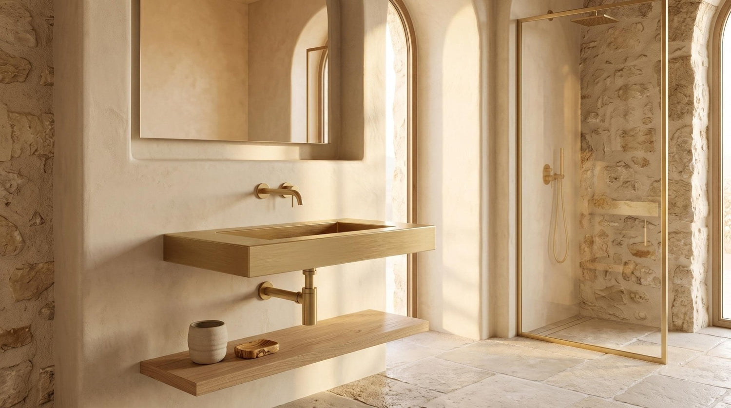 Brushed Brass Wall Mounted Sink, Handmade Rectangular Bathroom Basin, Luxury Powder Room Sink With Faucet and Bottle Trap