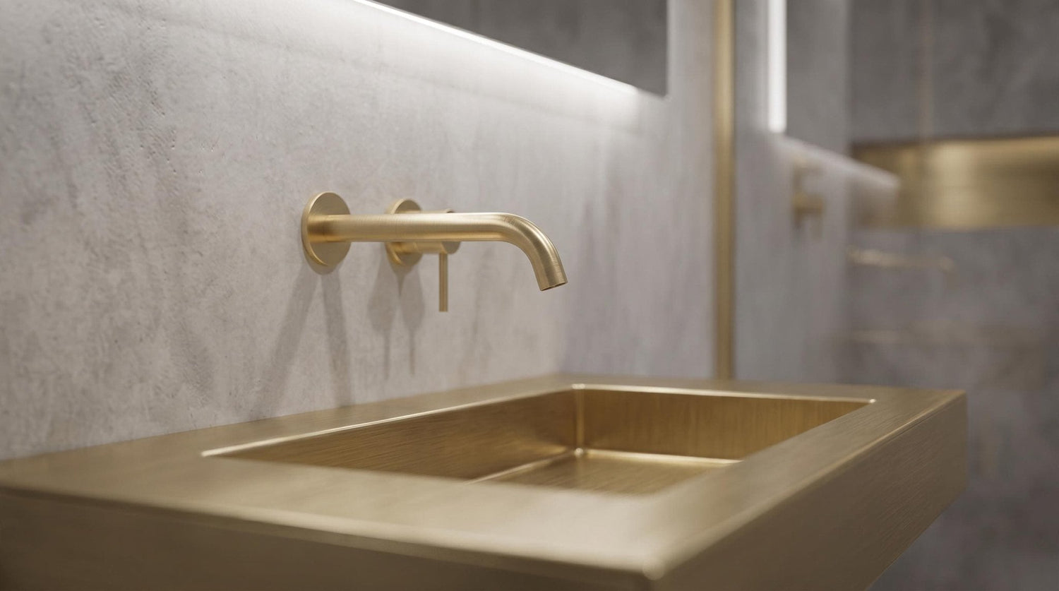 Brushed Brass Wall Mounted Sink, Handmade Rectangular Bathroom Basin, Luxury Powder Room Sink With Faucet and Bottle Trap