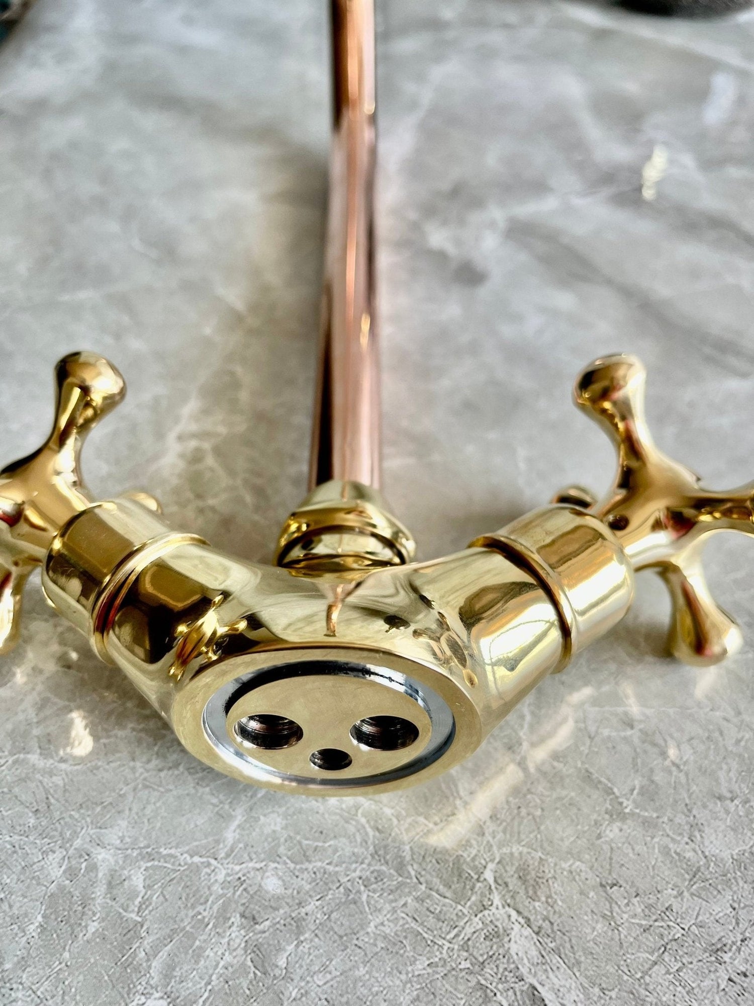 Copper & Brass Gooseneck Faucet - Single Hole Mixer with Cross Handles