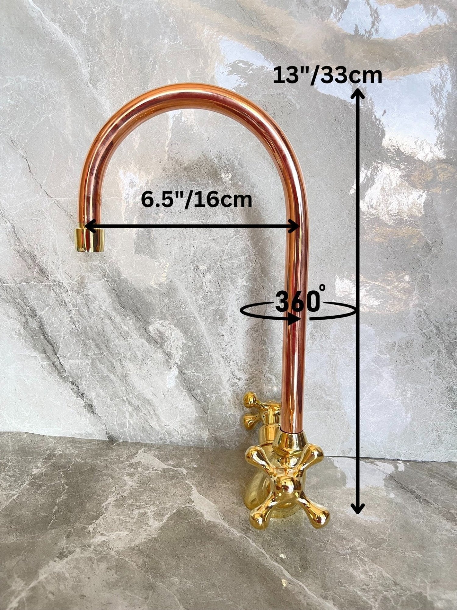 Copper & Brass Gooseneck Faucet - Single Hole Mixer with Cross Handles