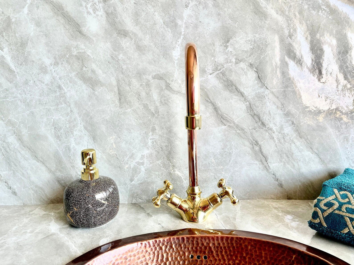 Copper & Brass Gooseneck Faucet - Single Hole Mixer with Cross Handles