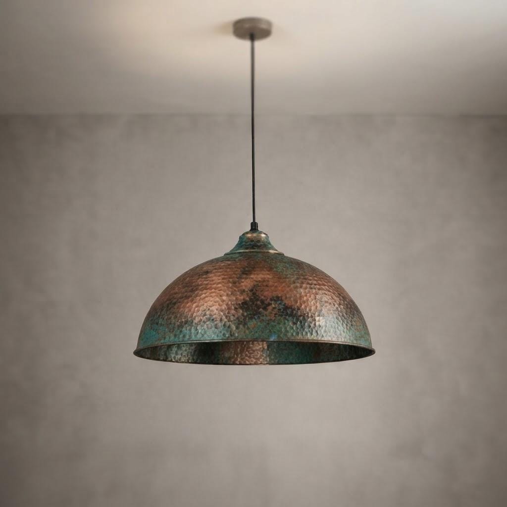 Copper Dome Pendant Light, Blue Green Patina Ceiling Lamp, Handmade Hammered Kitchen Island Fixture, Mediterranean Rustic Hanging Light