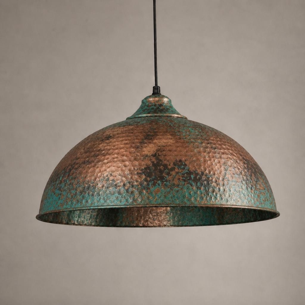 Copper Dome Pendant Light, Blue Green Patina Ceiling Lamp, Handmade Hammered Kitchen Island Fixture, Mediterranean Rustic Hanging Light