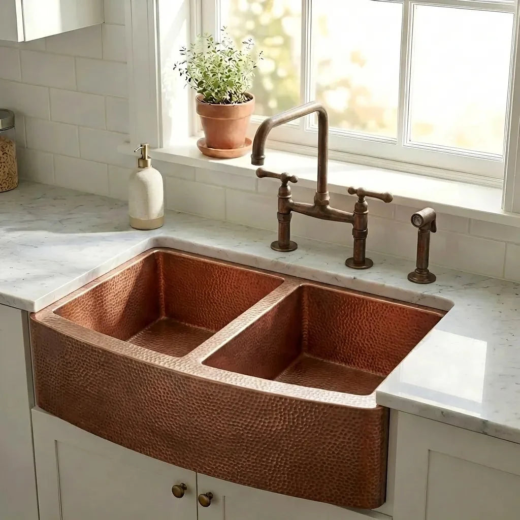 Copper Double Basin Farmhouse Sink for Elegant Kitchens