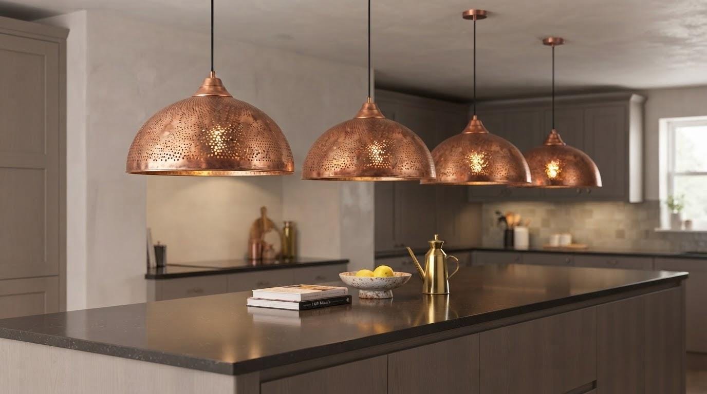 Copper Pendant Light, Solid Copper Dome Ceiling Lamp, Handmade Perforated Kitchen Island Fixture, Rustic Farmhouse Hanging Light