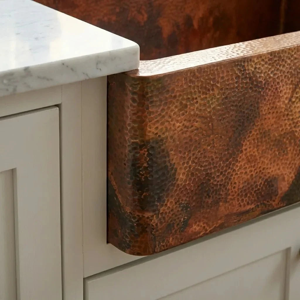 Copper Farmhouse Double Bowl Kitchen Sink with Rustic Apron