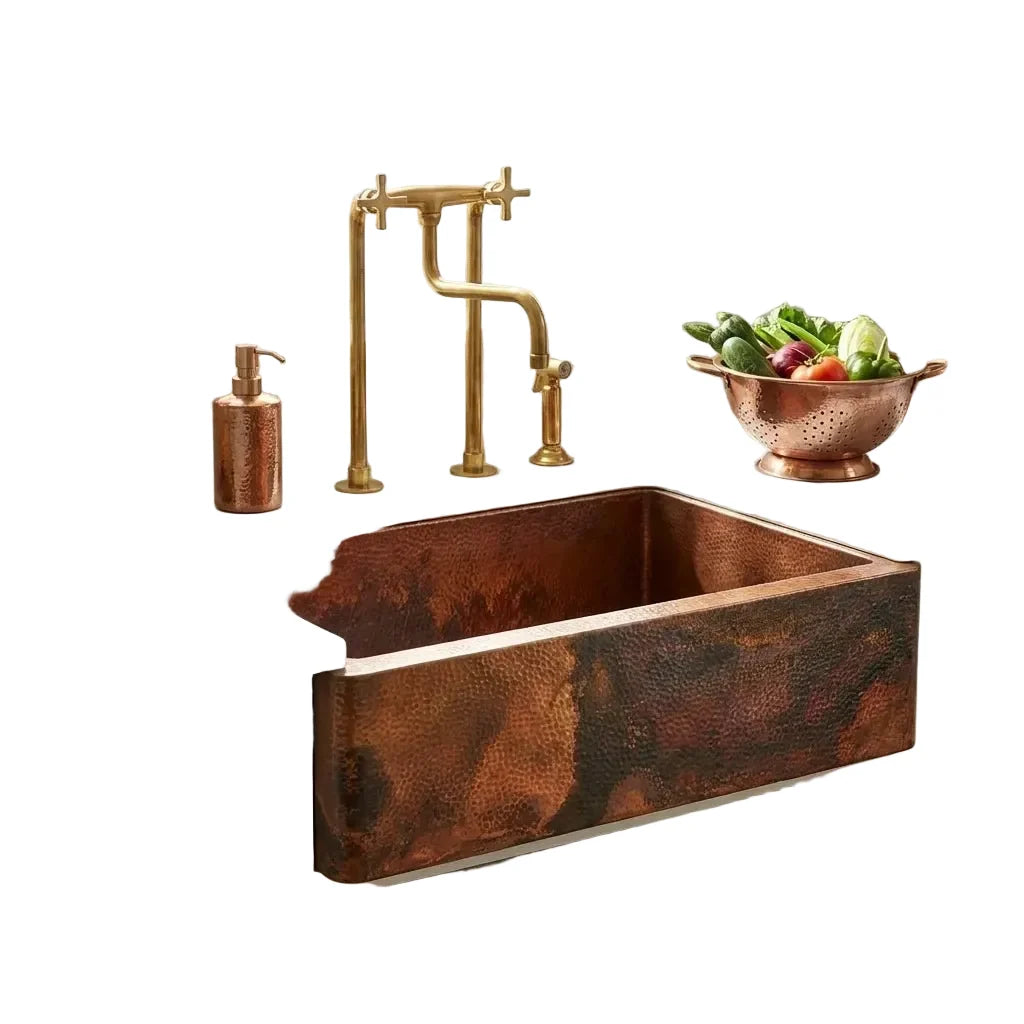 Copper Farmhouse Double Bowl Kitchen Sink with Rustic Apron