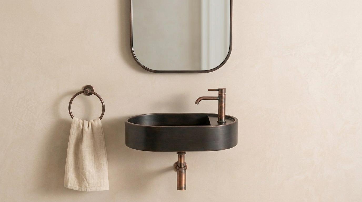 Copper Vessel Sink, Floating Wall Mount Washbasin - Oil Rubbed Bronze Basin, Smooth Powder Room Sink, Industrial Bath Decor
