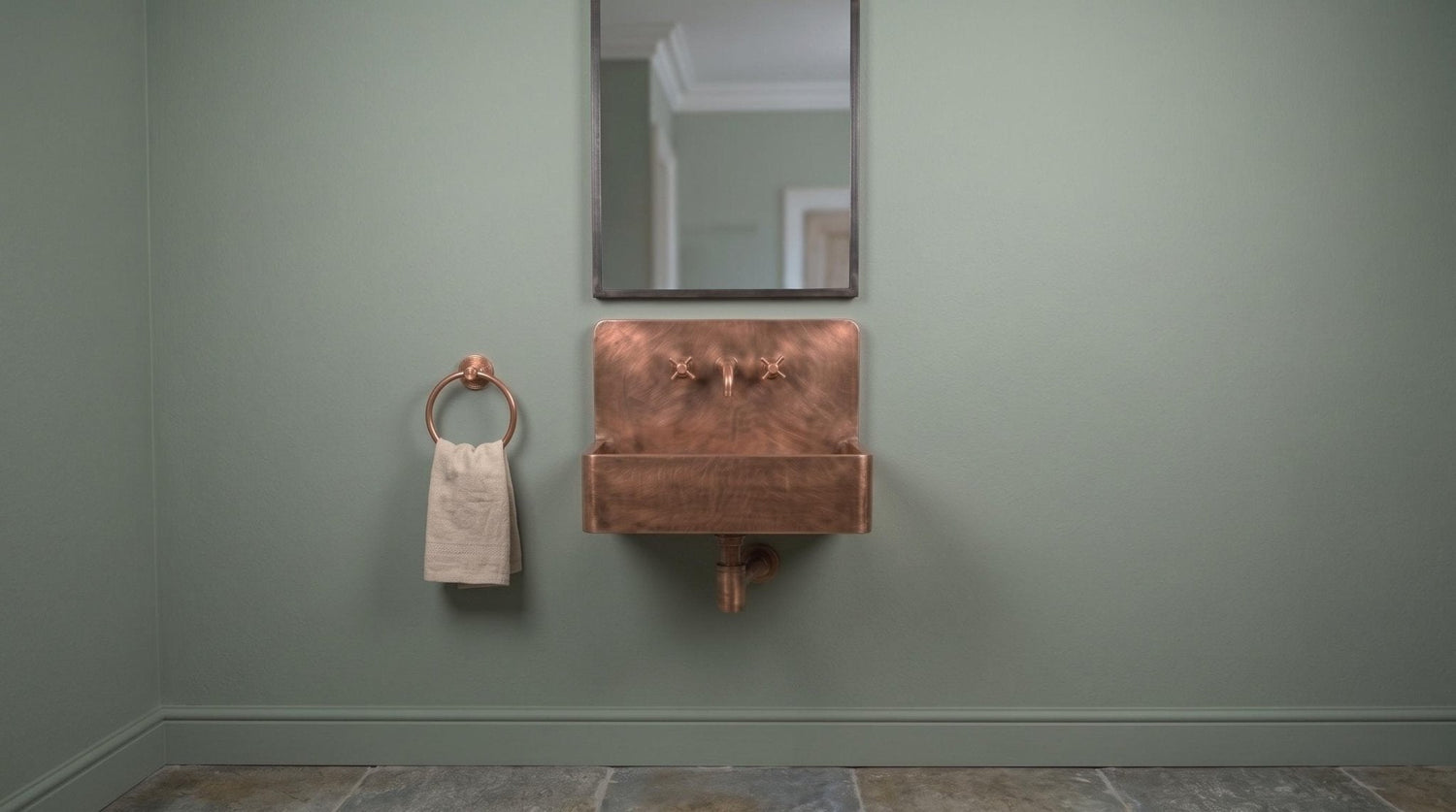 Copper Wall Mount Basin, Antique Brass Floating Sink, Smooth Rectangular Vanity Washbowl, Vintage Industrial Lavatory