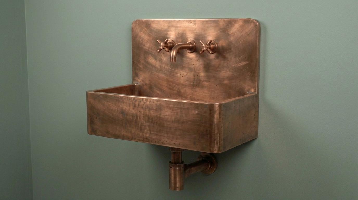 Copper Wall Mount Basin, Antique Brass Floating Sink, Smooth Rectangular Vanity Washbowl, Vintage Industrial Lavatory