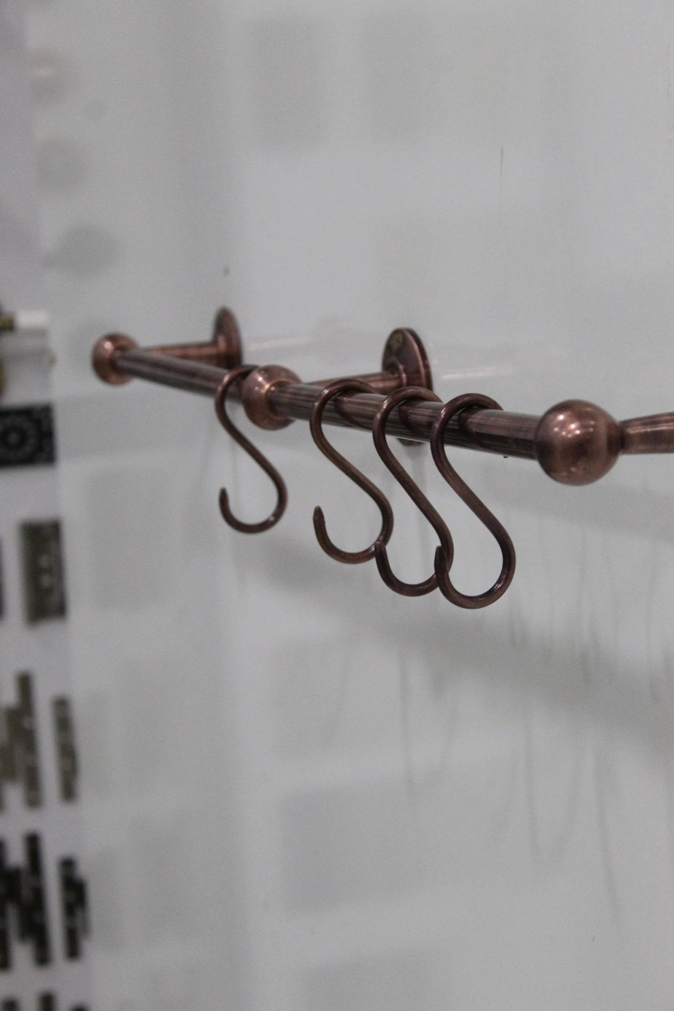Copper Wall-Mounted Hanging Rail with S-Hooks for Rustic Kitchen Organization