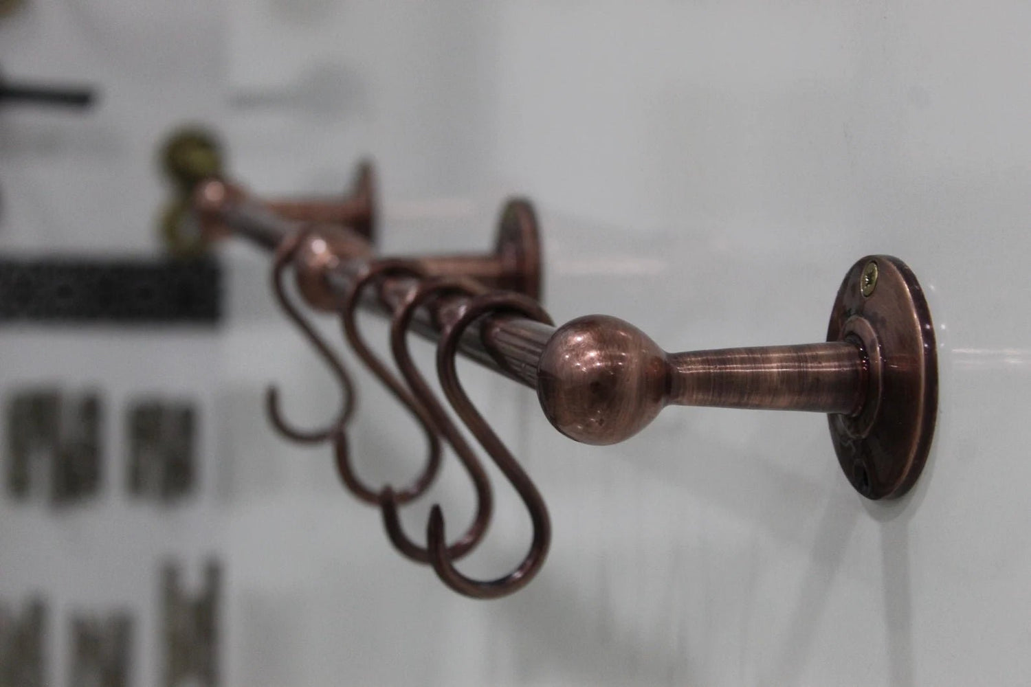 Copper Wall-Mounted Hanging Rail with S-Hooks for Rustic Kitchen Organization