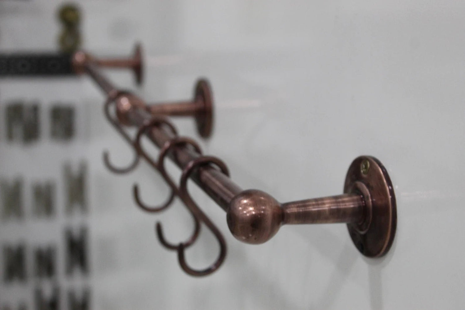 Copper Wall-Mounted Hanging Rail with S-Hooks for Rustic Kitchen Organization
