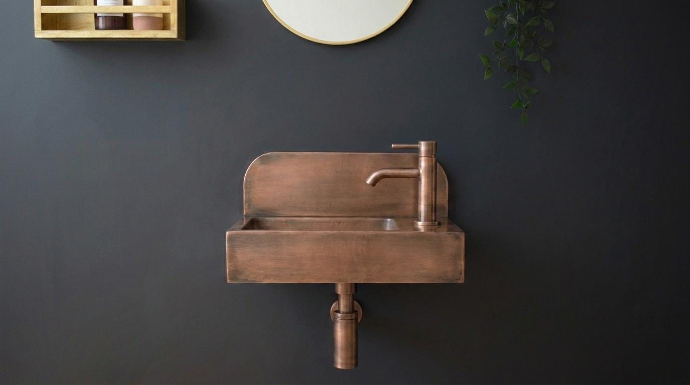 Copper Wall Mounted Sink with Faucet  Floating Bathroom Sink | Handcrafted Rustic Copper Vanity | Small Space Powder Room Sink | DDP  Ship