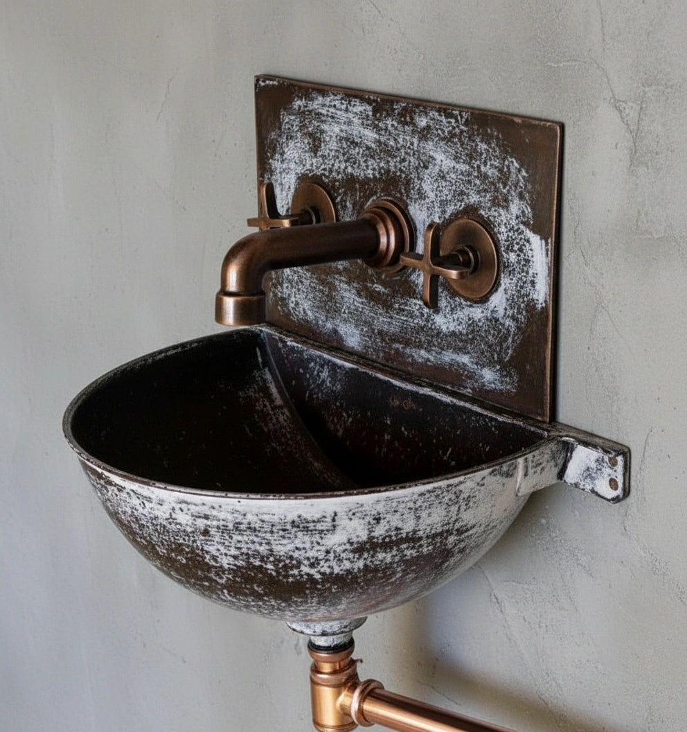 Aged Copper Wall Sink – White Patina Half Bowl Bathroom Basin with Faucet
