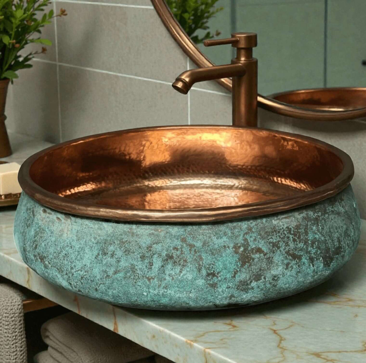 Two tone green patina copper vessel sink