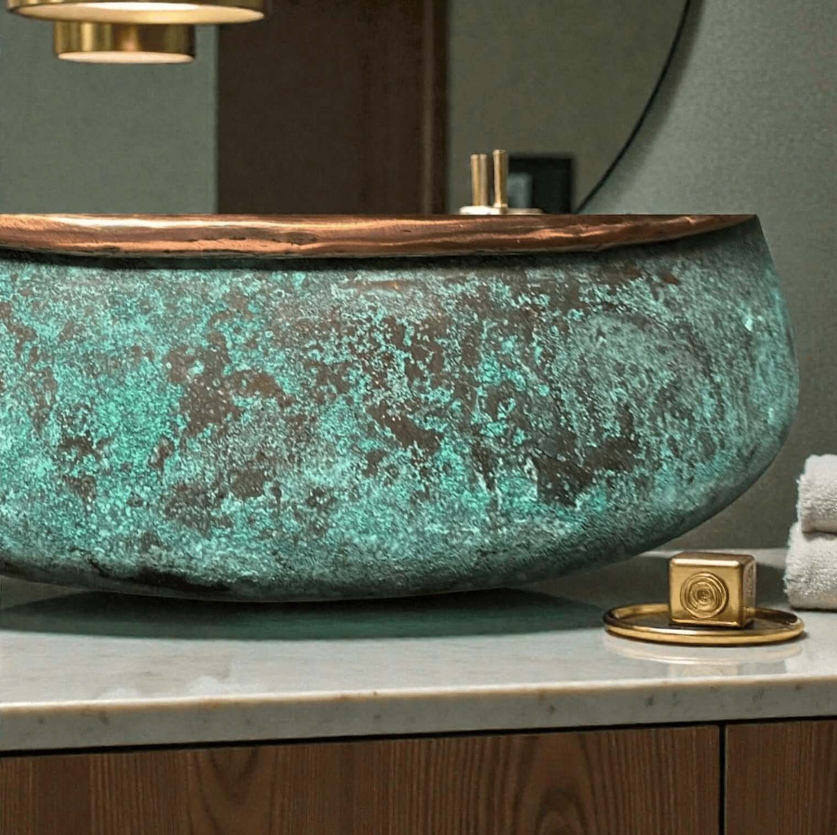 Two tone green patina copper vessel sink