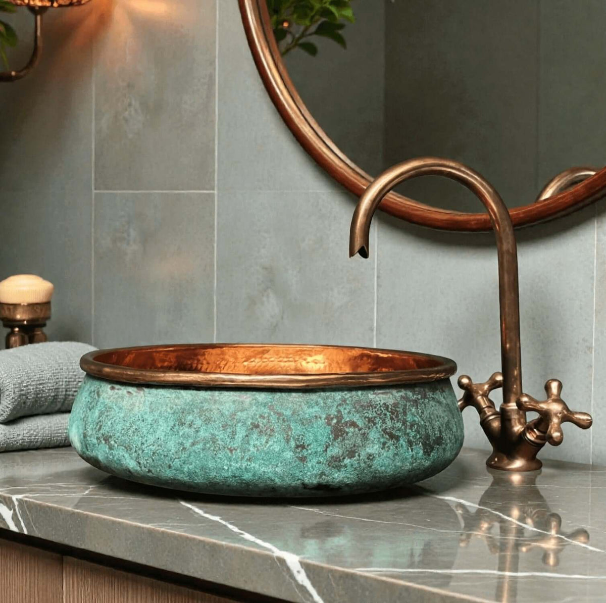 Two tone green patina copper vessel sink