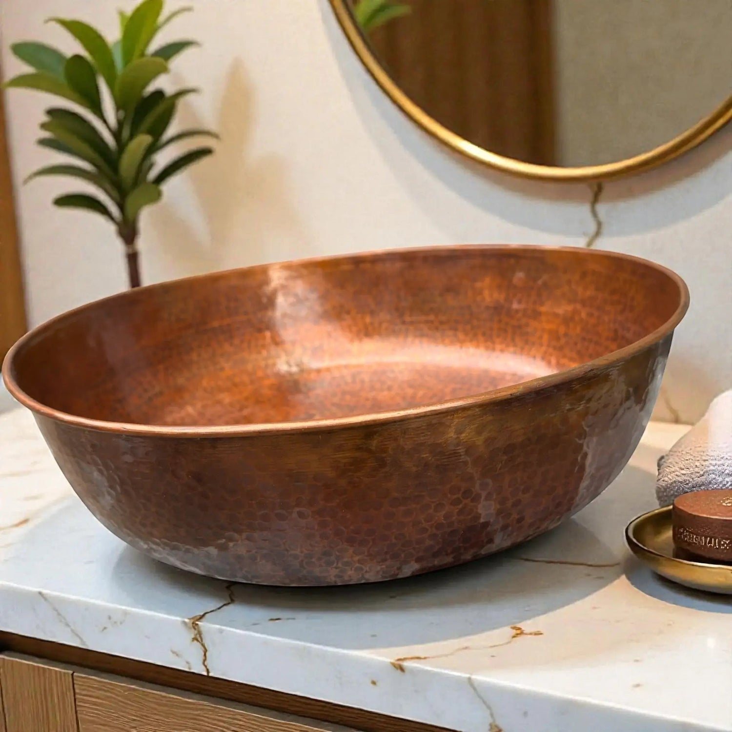Round hammered copper vessel sink