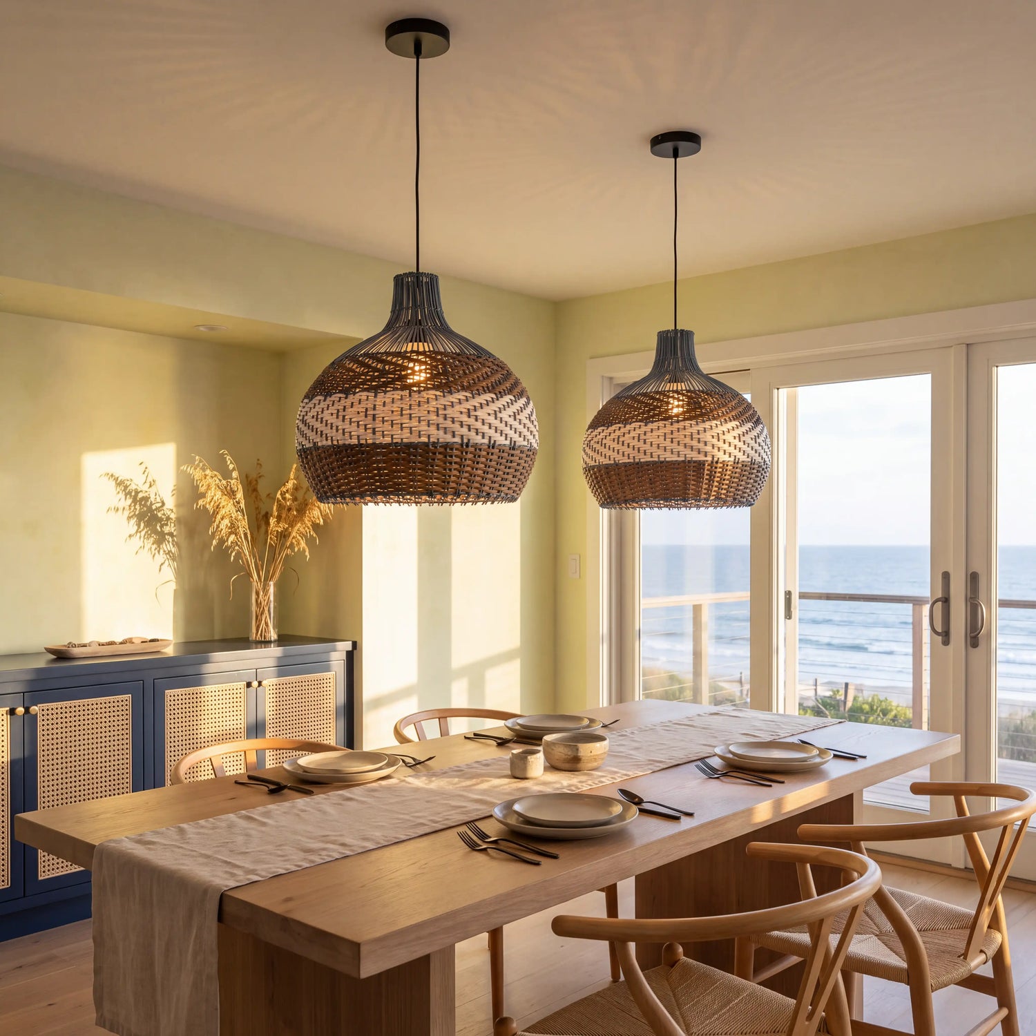Courtland Blue Rattan Pendant Light