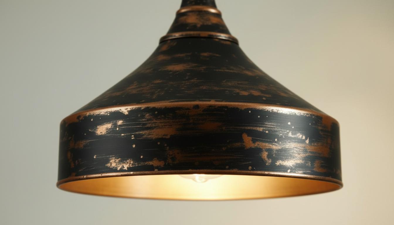 Distressed Black & Antique Copper Dome Pendant - Rustic Ceiling Lamp