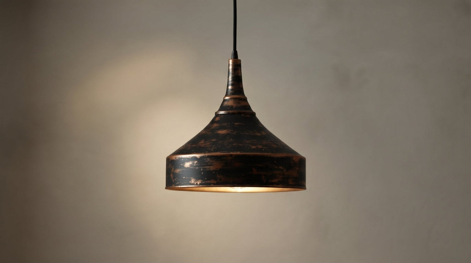 Distressed Black & Antique Copper Dome Pendant - Rustic Ceiling Lamp