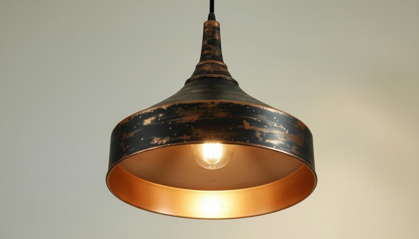 Distressed Black & Antique Copper Dome Pendant - Rustic Ceiling Lamp