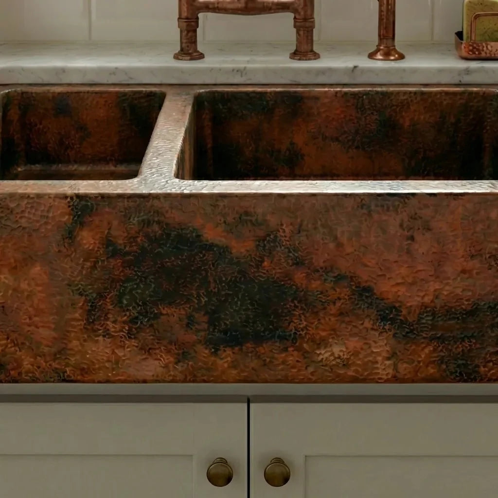 Double Bowl Farmhouse Copper Kitchen Sink for Rustic Elegance