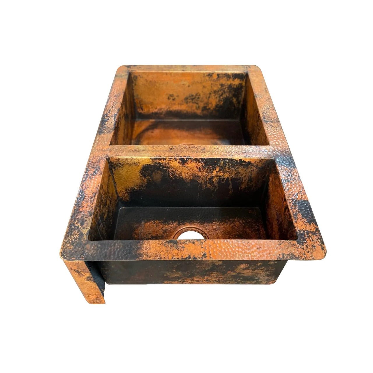 Double Bowl Copper Farmhouse Sink with Rustic Apron Front