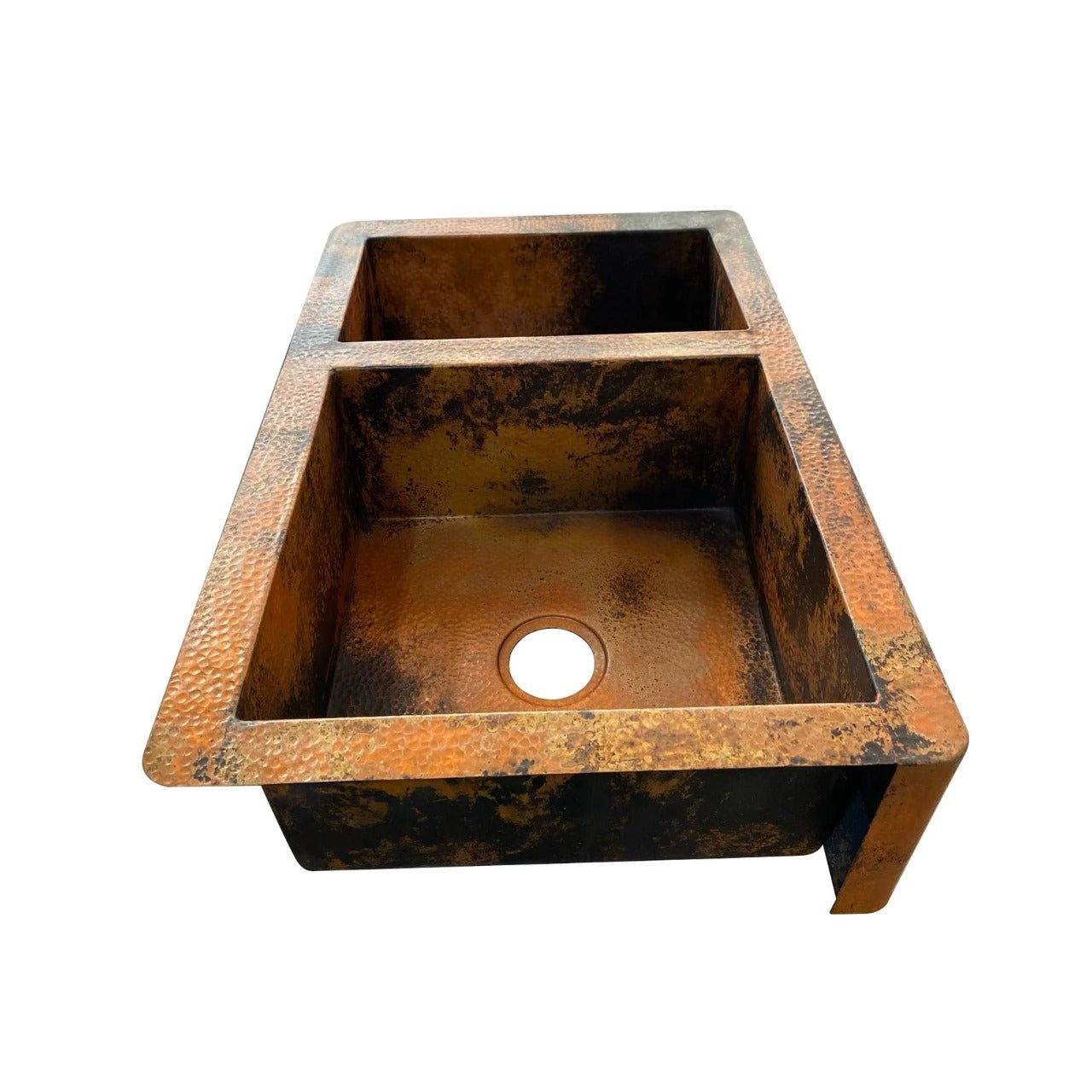 Double Bowl Copper Farmhouse Sink with Rustic Apron Front
