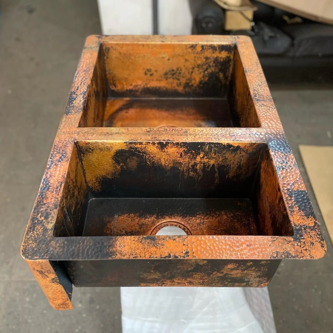 Double Bowl Copper Farmhouse Sink with Rustic Apron Front