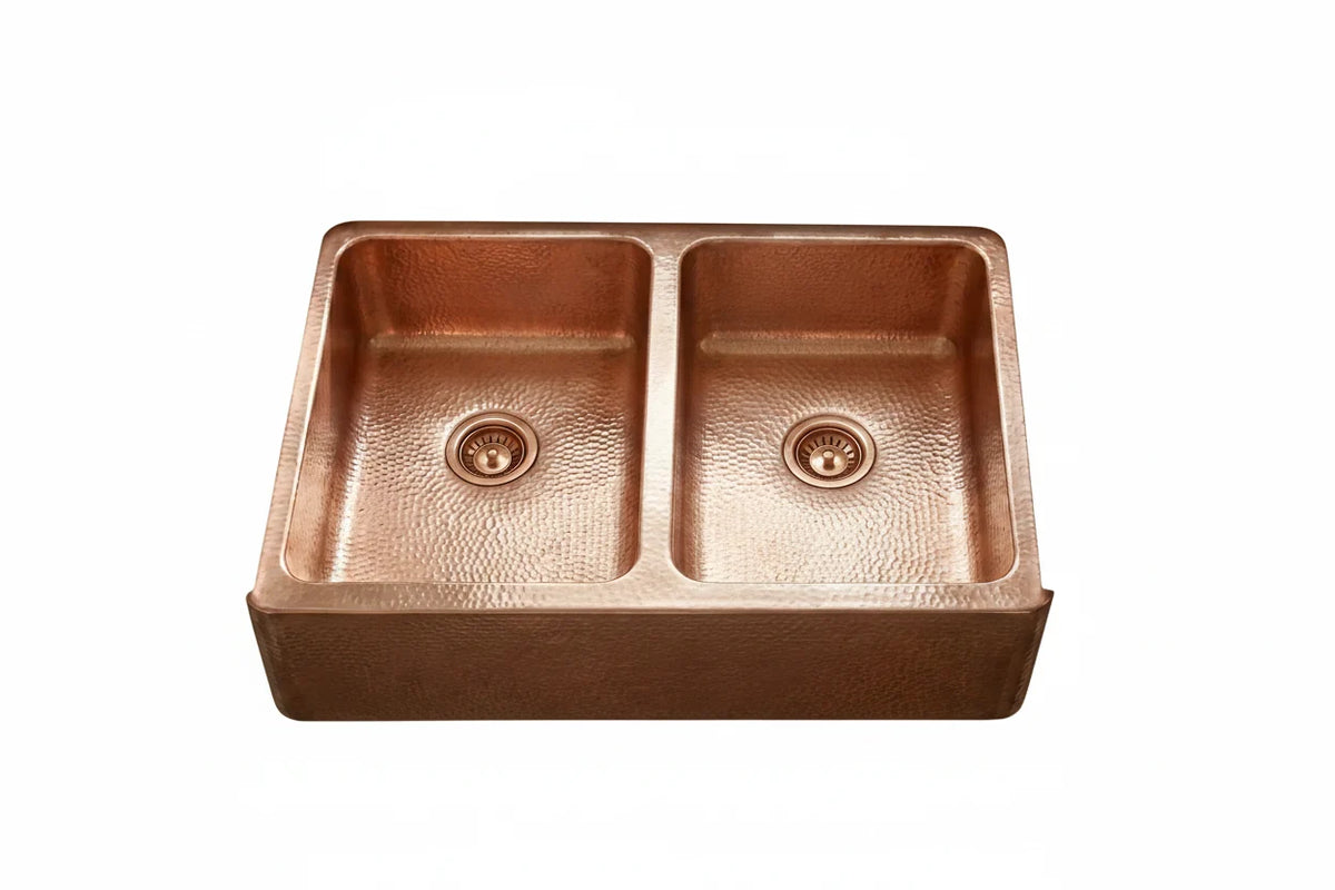 Double Bowl Copper Farmhouse Kitchen Sink with Apron Front