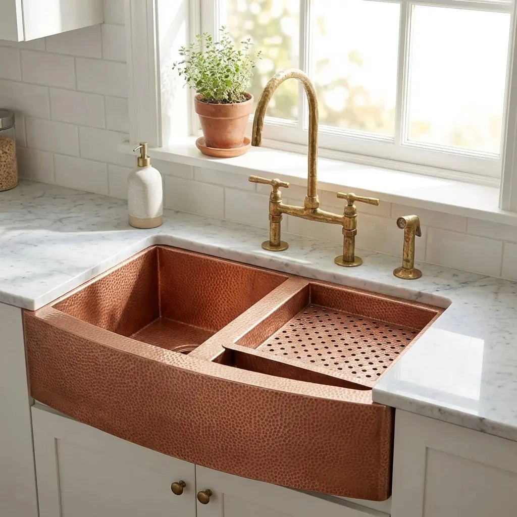 Double-Bowl Hammered Copper Farmhouse Kitchen Sink with Apron
