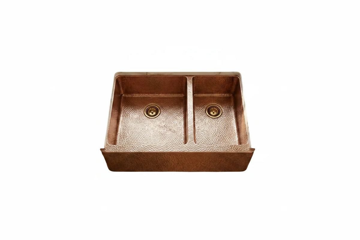 Handmade Copper Double Bowl Farmhouse Sink with Hammered Finish