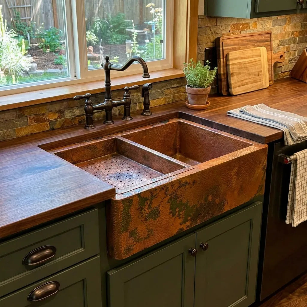 Copper Single Bowl Farmhouse Kitchen Sink With Drain Board